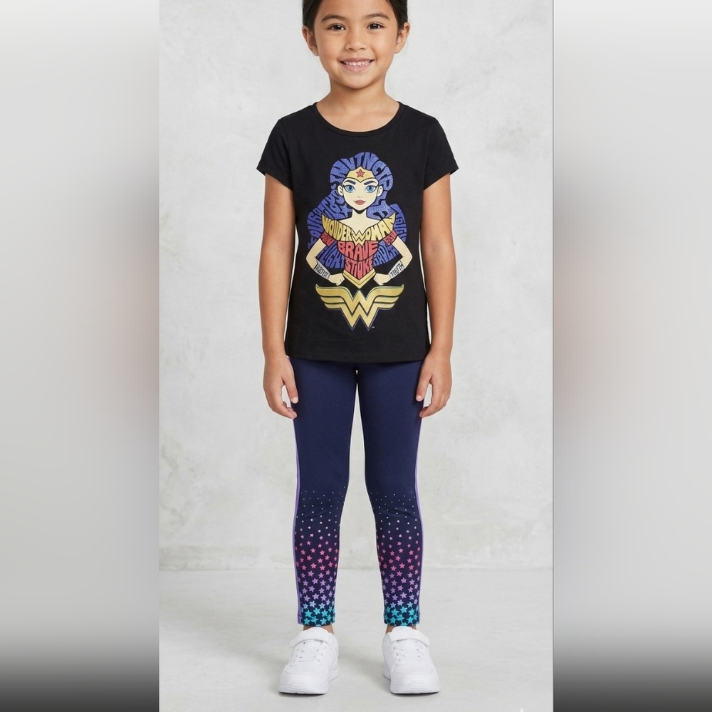 Girls 2 PC Outfit Size 6 Wonder Woman Tshirt GUC and New Athletic Works Pants